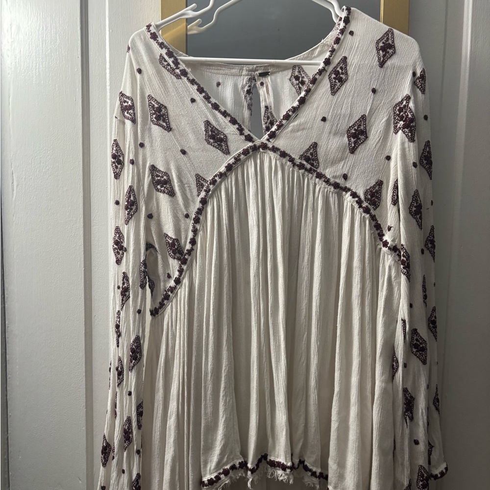 Free People White Blouse with Brown Embroidery